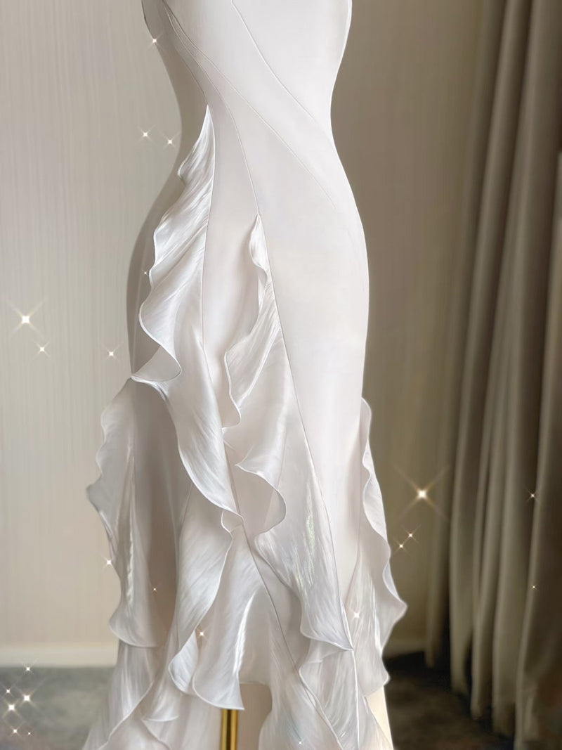 Sexy Mermaid Scoop Satin Night Party Dress White Long Prom Dresses