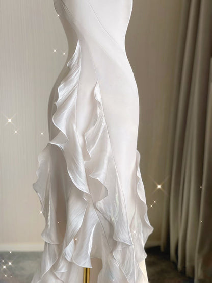 Sexy Mermaid Scoop Satin Night Party Dress White Long Prom Dresses