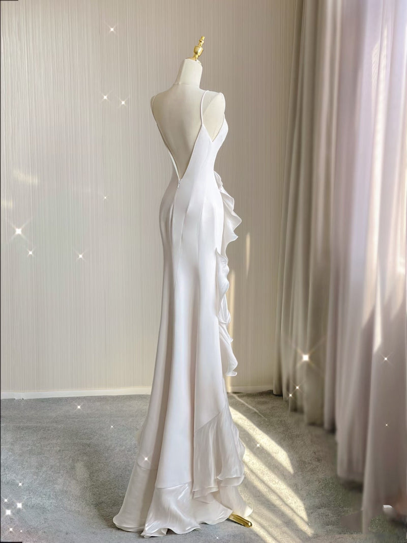 Sexy Mermaid Scoop Satin Night Party Dress White Long Prom Dresses