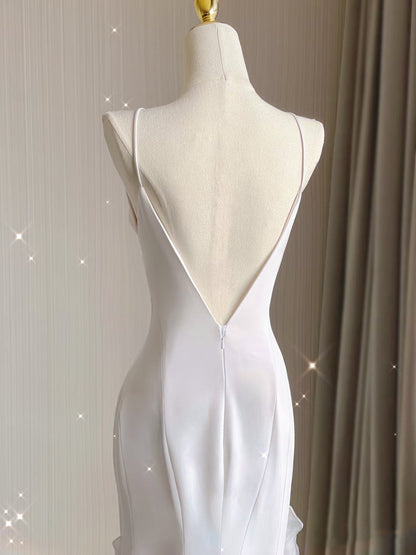 Sexy Mermaid Scoop Satin Night Party Dress White Long Prom Dresses
