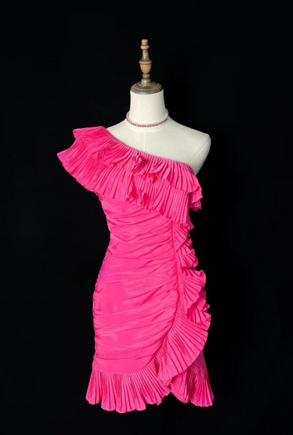 Sexy One Shoulder Tight Homecoming Dresses Pink Short Prom Dresses, Pleated Taffeta Birthday Dresses