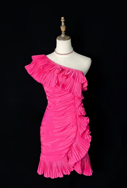 Sexy One Shoulder Tight Homecoming Dresses Pink Short Prom Dresses, Pleated Taffeta Birthday Dresses