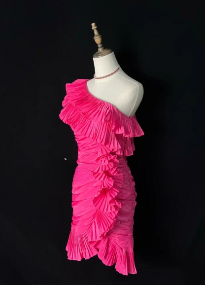 Sexy One Shoulder Tight Homecoming Dresses Pink Short Prom Dresses, Pleated Taffeta Birthday Dresses