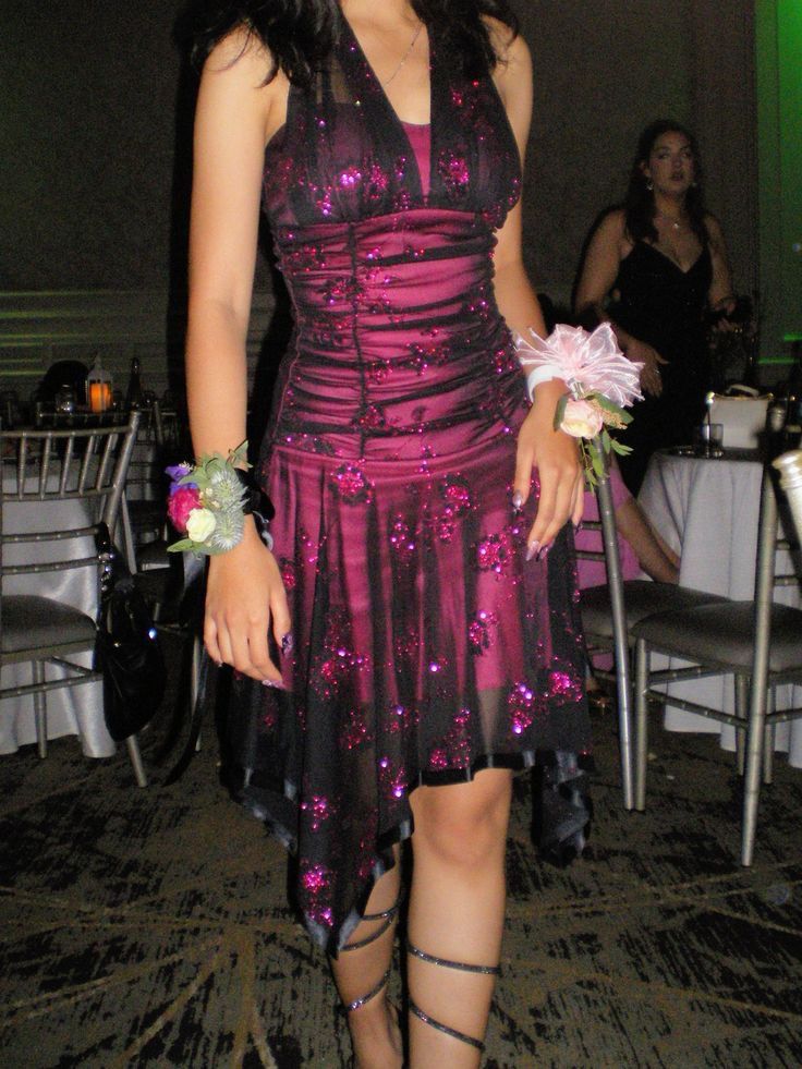 Sexy Pink Black Tulle Sequined Halter Neck Irregular 19th Birthday Homecoming Dress