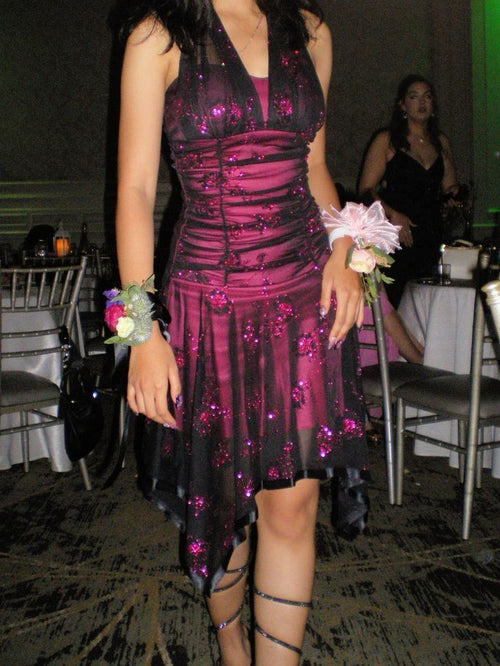 Sexy Pink Black Tulle Sequined Halter Neck Irregular 19th Birthday Homecoming Dress