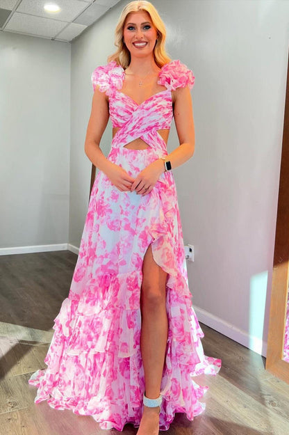 Sexy Pink Floral Cutouts A-line Ruffle Long Dress