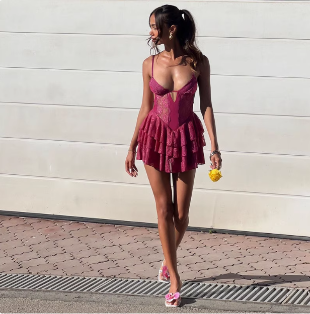 Sexy Purple Lace Halter Waist Hollow Birthday Cake Skirt Homecoming Dress
