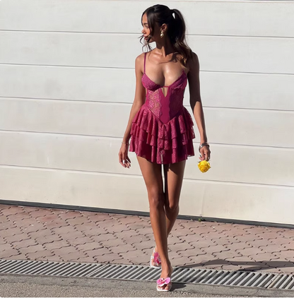 Sexy Purple Lace Halter Waist Hollow Birthday Cake Skirt Homecoming Dress