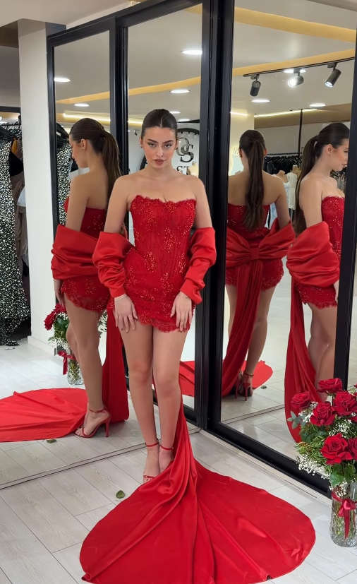 Sexy Red Bow Sheath Strapless Beaded Lace Short Prom Dress Birthday Party Dress