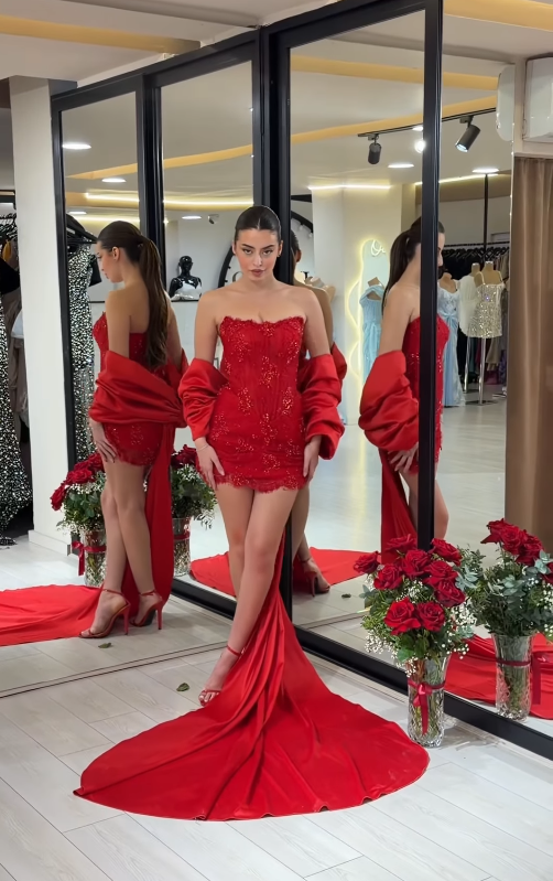 Sexy Red Bow Sheath Strapless Beaded Lace Short Prom Dress Birthday Party Dress