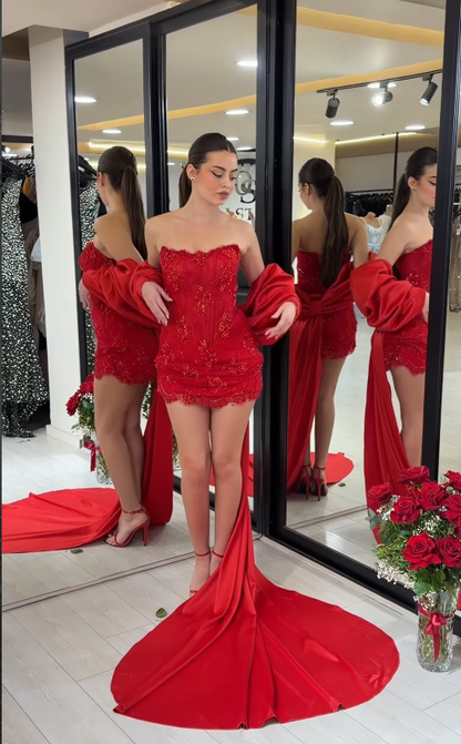Sexy Red Bow Sheath Strapless Beaded Lace Short Prom Dress Birthday Party Dress
