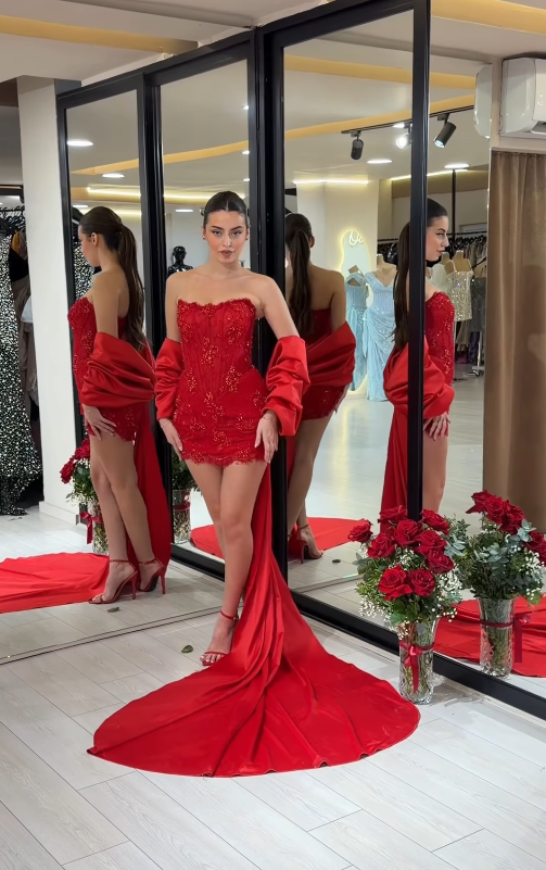 Sexy Red Bow Sheath Strapless Beaded Lace Short Prom Dress Birthday Party Dress