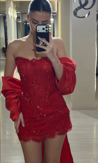 Sexy Red Bow Sheath Strapless Beaded Lace Short Prom Dress Birthday Party Dress