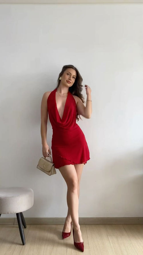 Sexy Red Halter Neck Chiffon 19th Birthday Homecoming Dress