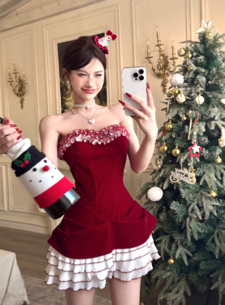 Sexy Red Hoco Dress Strapless Birthday Dresses Velvet Christmas Dresses