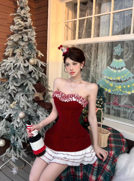 Sexy Red Hoco Dress Strapless Birthday Dresses Velvet Christmas Dresses