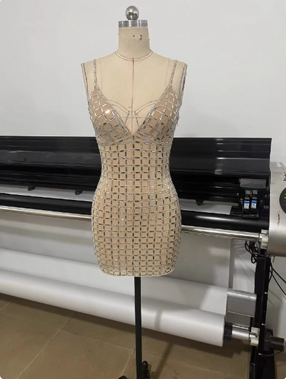 Sexy Rhinestone Mesh Deep V Strap Homecoming Dress