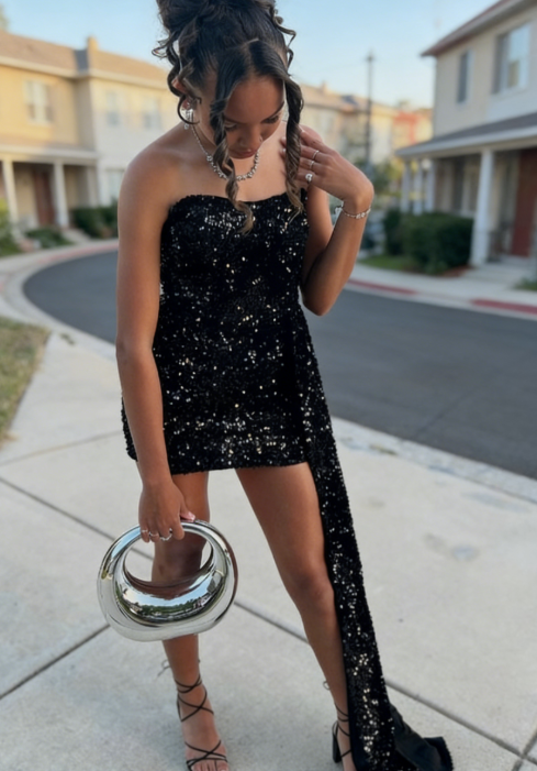 Sexy Sequin Birthday Dresses Strapless Bodycon Chiffon Short Prom Dresses Sequin Birthday Dresses Black Homecoming Dresses