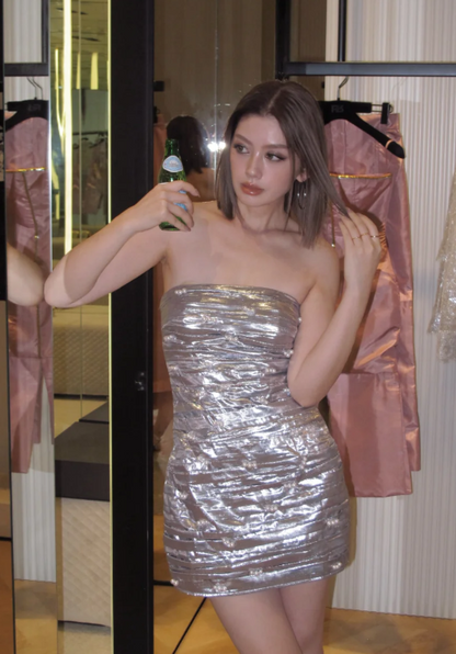 Sexy Sheath Short Prom Dresses Silver Homecoming Dresses Strapless Shiny Birthday Dresses