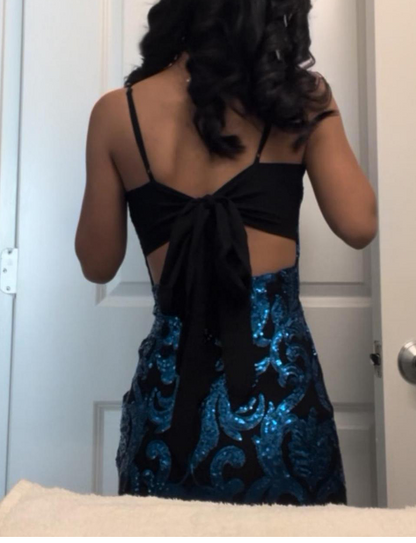 Sexy Spaghetti Strap Sheath Applique Short Prom Dresses, Blue Homecoming Dresses