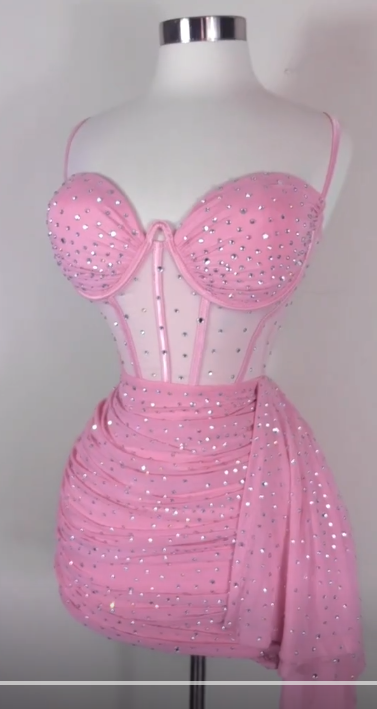 Sexy Spaghetti Strap Tight Homecoming Dress Pink Birthday Dresses Rhinestone Chiffon Short Prom Dresses