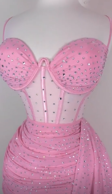 Sexy Spaghetti Strap Tight Homecoming Dress Pink Birthday Dresses Rhinestone Chiffon Short Prom Dresses