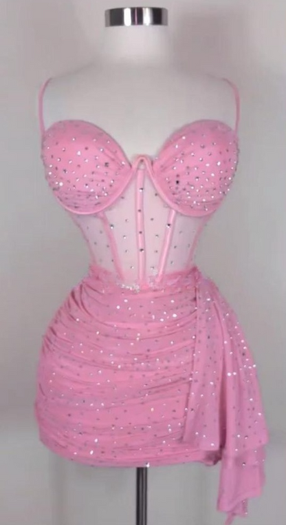 Sexy Spaghetti Strap Tight Homecoming Dress Pink Birthday Dresses Rhinestone Chiffon Short Prom Dresses