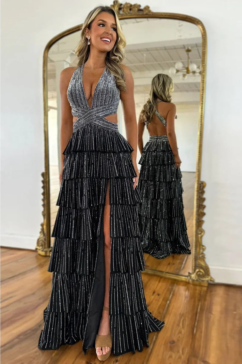 Sexy Sparkly Black A-Line V-Neck Layered Beaded Prom Dress with Leg Slit