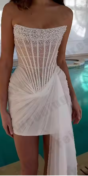 Sexy Strapless Bodycon Beaded Tulle Short Prom Dresses, White Homecoming Dresses