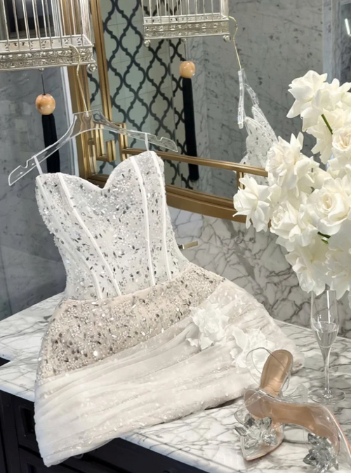 Sexy Strapless Bodycon Homecoming Dresses White Short Prom Dresses, Sequined Tulle Birthday Dresses