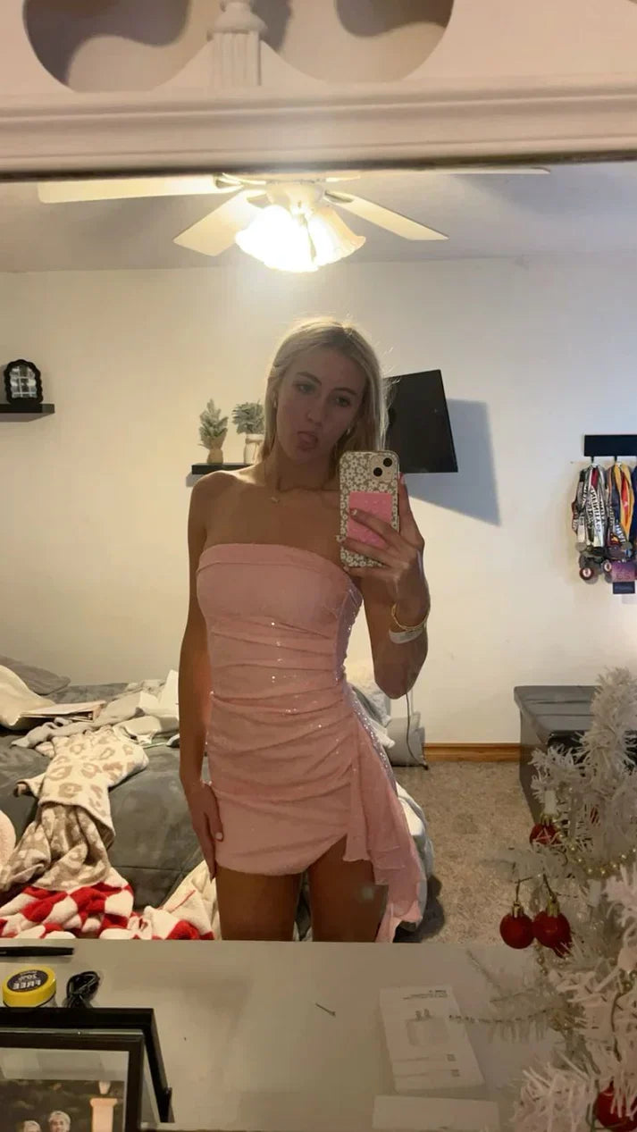 Sexy Strapless Tight Short Prom Dresses Pink Birthday Dresses Sequins Sparkly Homecoming Dresses