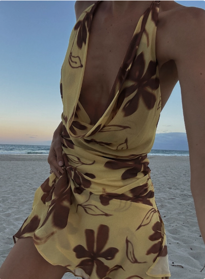 Sexy Swing Neck Halter Print Irregular Backless Birthday Short Skirt Homecoming Dress