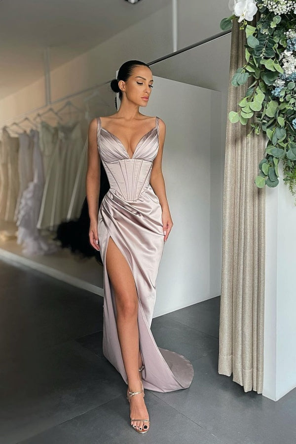 Sexy V Neck Mermaid Prom Dress Pleated with High Slit