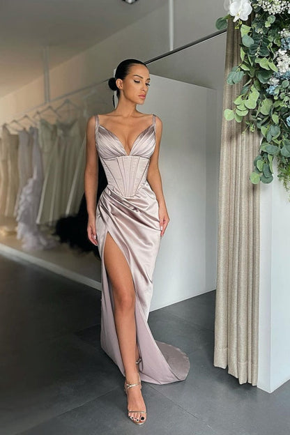 Sexy V Neck Mermaid Prom Dress Pleated with High Slit
