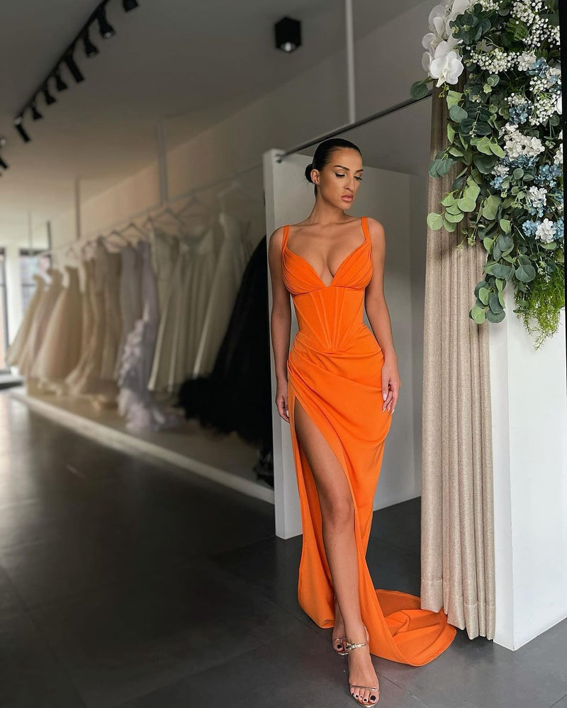Sexy V Neck Mermaid Prom Dress Pleated with High Slit