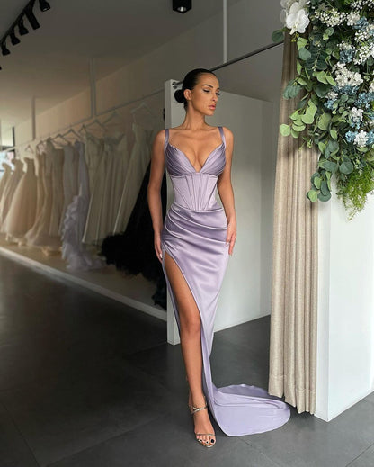 Sexy V Neck Mermaid Prom Dress Pleated with High Slit