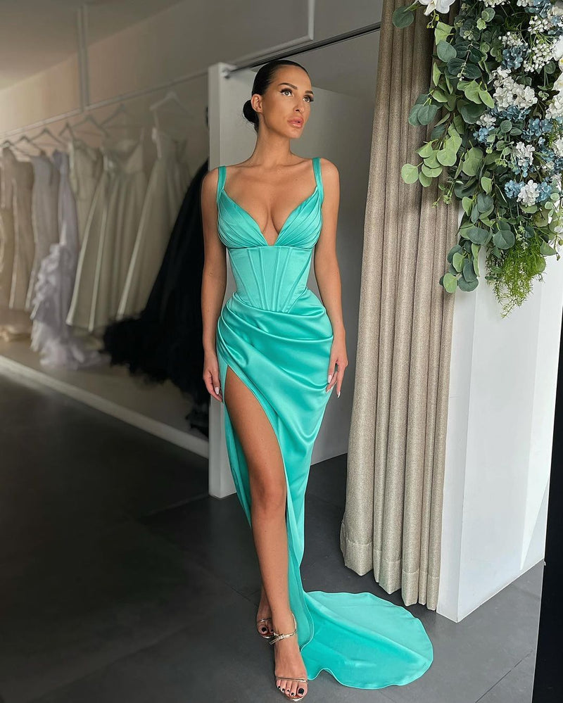 Sexy V Neck Mermaid Prom Dress Pleated with High Slit