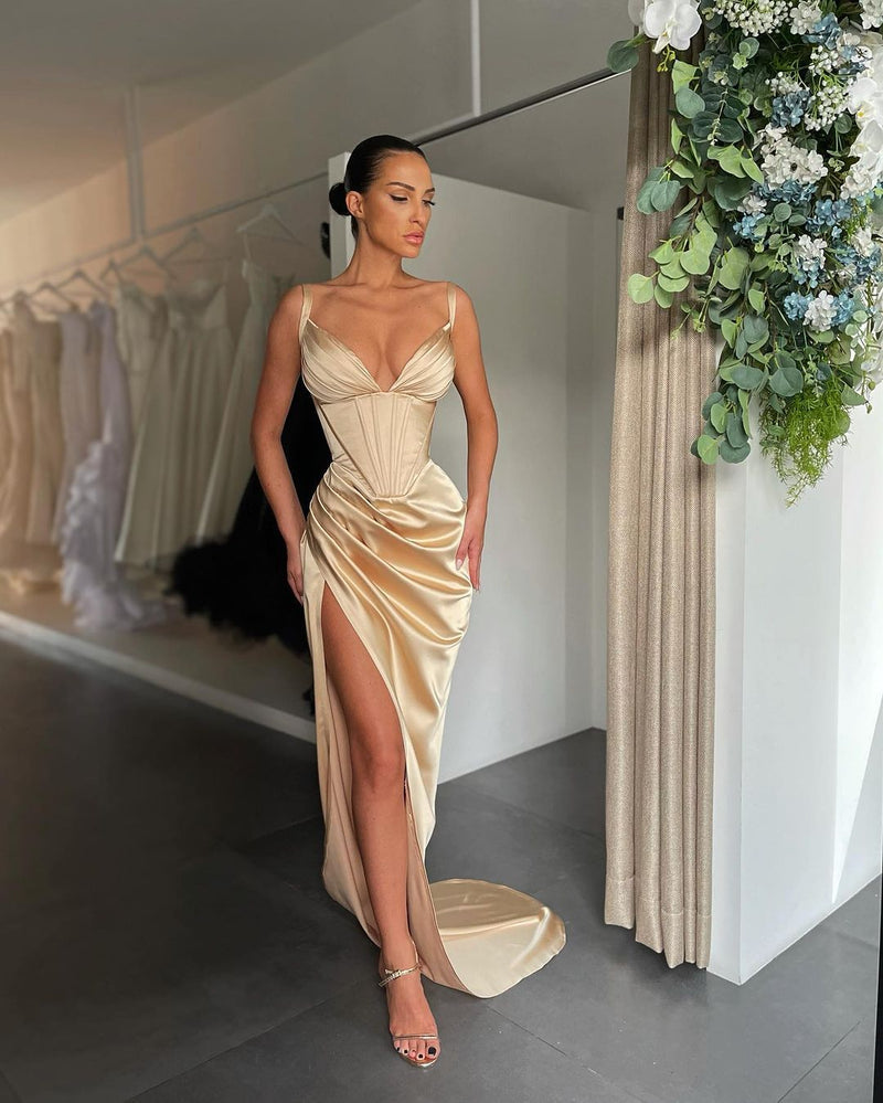 Sexy V Neck Mermaid Prom Dress Pleated with High Slit