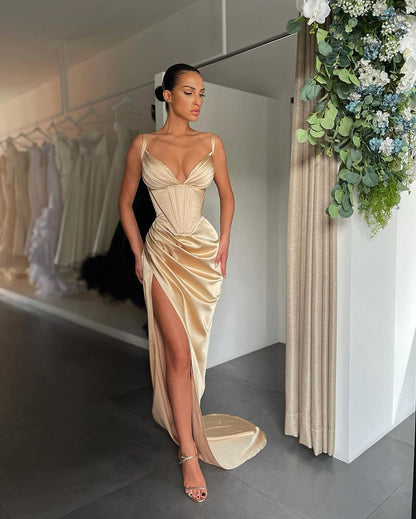 Sexy V Neck Mermaid Prom Dress Pleated with High Slit