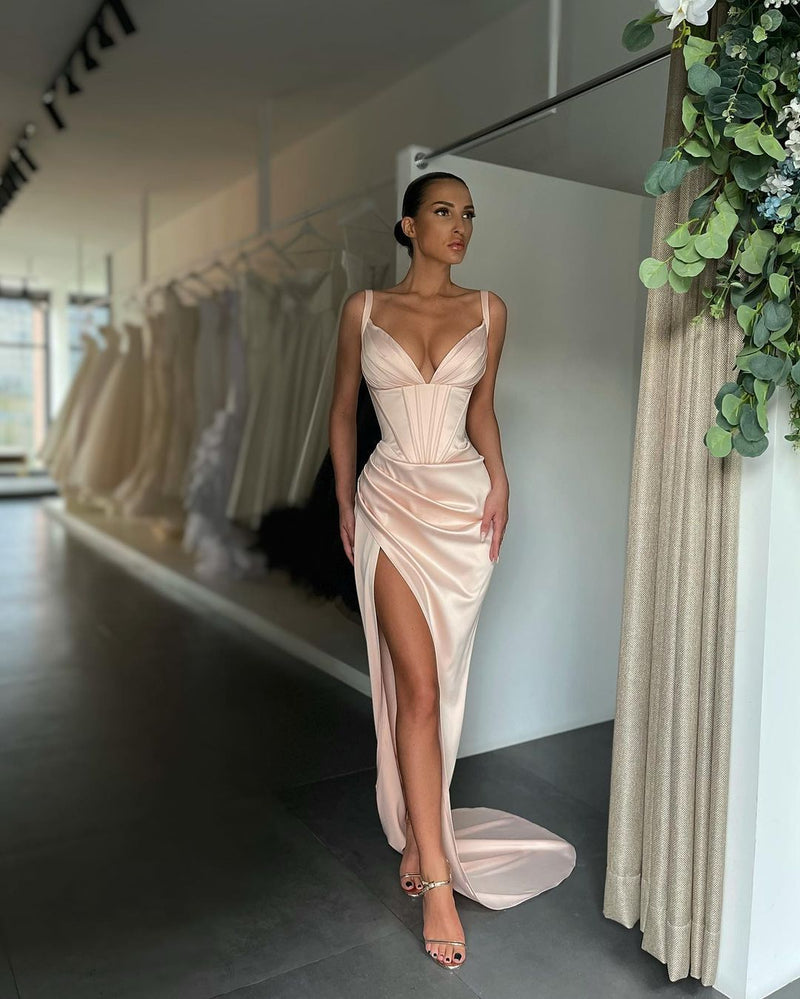 Sexy V Neck Mermaid Prom Dress Pleated with High Slit