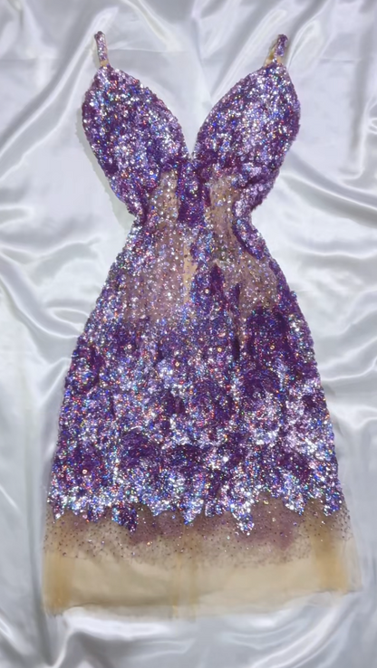 Sexy V-neck Sheath Purple Short Prom Dresses Tulle Sequin Purple Birthday Party Dresses EP05135