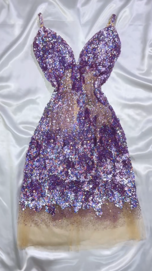 Sexy V-neck Sheath Purple Short Prom Dresses Tulle Sequin Purple Birthday Party Dresses EP05135