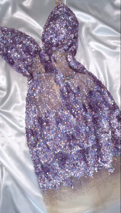 Sexy V-neck Sheath Purple Short Prom Dresses Tulle Sequin Purple Birthday Party Dresses EP05135