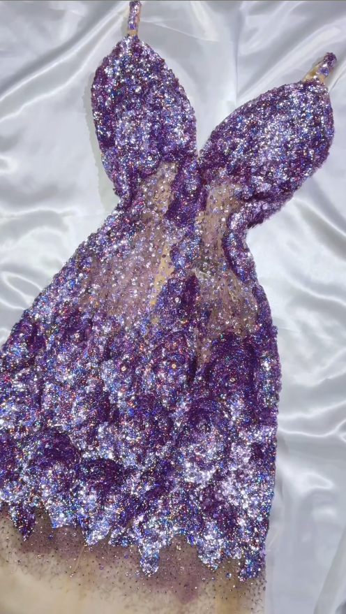 Sexy V-neck Sheath Purple Short Prom Dresses Tulle Sequin Purple Birthday Party Dresses EP05135