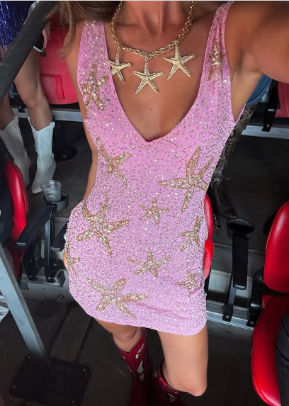 Sexy V-neck Starfish Sequins Pink Waisted Birthday Short Skirt Homecoming Dress