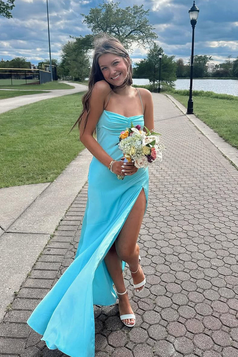 Sheath Spaghetti Straps Blue Silk Satin Prom Dress with Slit