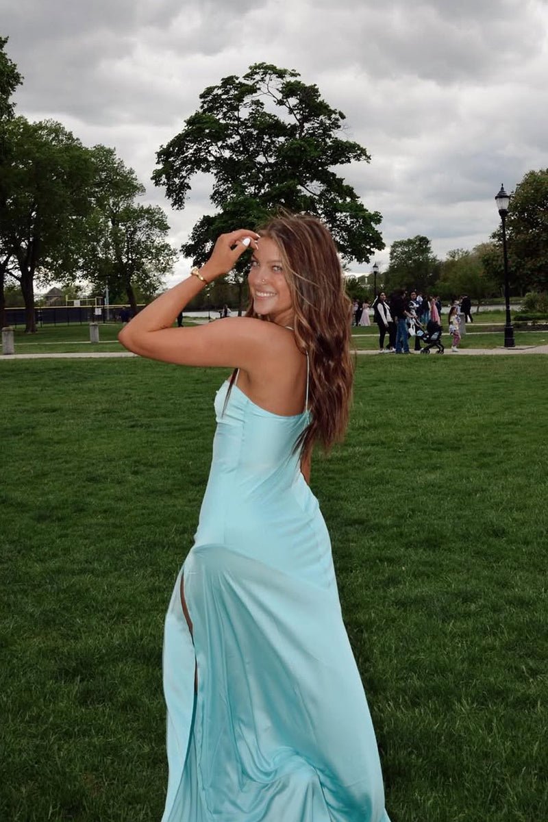 Sheath Spaghetti Straps Blue Silk Satin Prom Dress with Slit