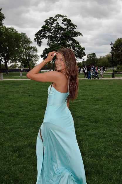 Sheath Spaghetti Straps Blue Silk Satin Prom Dress with Slit