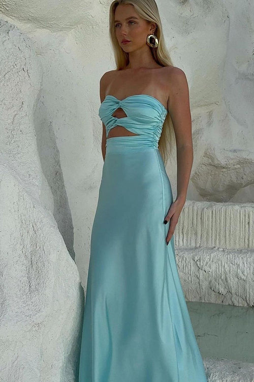 Sheath Strapless Keyhole Aqua Blue Silk Satin Long Prom Dress