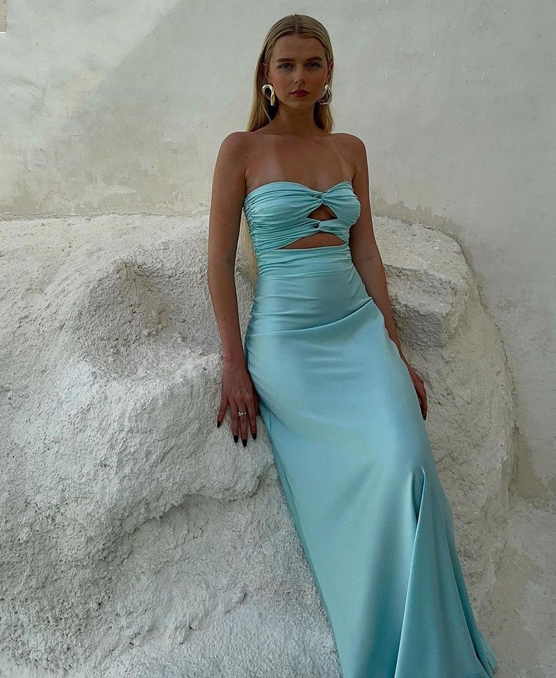 Sheath Strapless Keyhole Aqua Blue Silk Satin Long Prom Dress